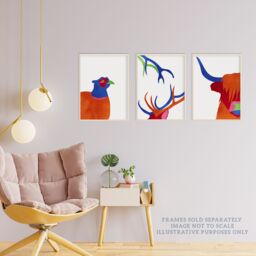 Artery8 Wall Art Print Pack of 3 A4 Scottish Highland Animals Highland Coo Cow Grouse Deer Abstract Colour Block Living Room s Set - thumbnail 3
