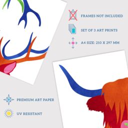 Artery8 Wall Art Print Pack of 3 A4 Scottish Highland Animals Highland Coo Cow Grouse Deer Abstract Colour Block Living Room s Set - thumbnail 4