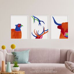 Artery8 Wall Art Print Pack of 3 A4 Scottish Highland Animals Highland Coo Cow Grouse Deer Abstract Colour Block Living Room s Set - thumbnail 2