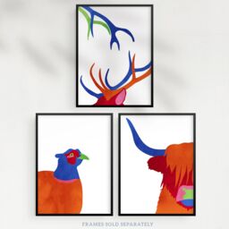 Artery8 Wall Art Print Pack of 3 A4 Scottish Highland Animals Highland Coo Cow Grouse Deer Abstract Colour Block Living Room s Set - thumbnail 5