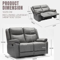 FURNITURE ONE Manual Recliners Sofa, Recliner Loveseat with Adjustable Backrest & Footrest - Grey - Size: 2 Seater - thumbnail 3