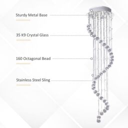 HOMCOM Modern Crystal Droplet Ceiling Light Spiral Cascading Chandelier Lamp in Silver - thumbnail 4
