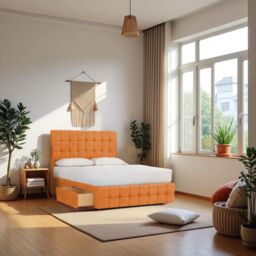 "Knight Sleep Munic Plush Bed Set With Mattress, 2 Drawers Same Side & 24""Headboard in Orange - Size: Super King" - thumbnail 1