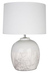 Orsina Table Lamp, Stacked Ceramic Pebble Base In Neutral Tones, Tapered Fabric Shade For Soft Ambient Light in White