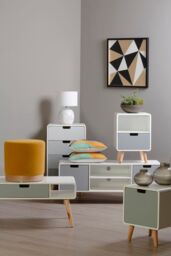 Orsina Table Lamp, Stacked Ceramic Pebble Base In Neutral Tones, Tapered Fabric Shade For Soft Ambient Light in White - thumbnail 2