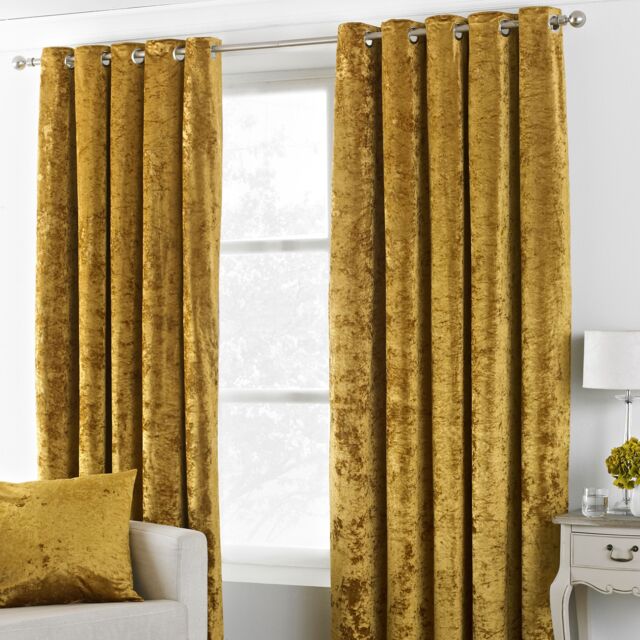 Paoletti Verona Crushed Velvet Eyelet Curtains in Yellow - Size: 229 cm width x 137 cm drop - image 1