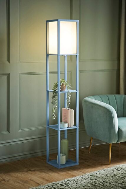 ValueLights Struttura Pastel Wooden Shelving Floor Lamp with Fabric Shade in Baby Blue - image 1