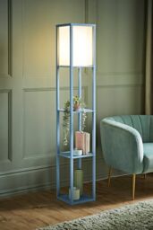 ValueLights Struttura Pastel Wooden Shelving Floor Lamp with Fabric Shade in Baby Blue