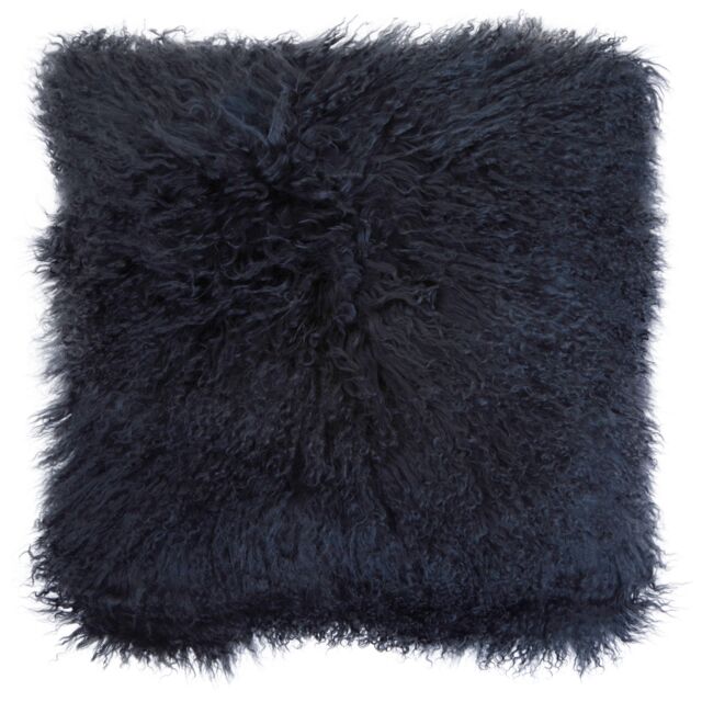 Orsina Black Mongolian Lamb Fur Square Cushion, Luxe Fluffy Textured Throw Pillow with Polyester Reverse in Navy - image 1