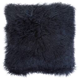 Orsina Black Mongolian Lamb Fur Square Cushion, Luxe Fluffy Textured Throw Pillow with Polyester Reverse in Navy
