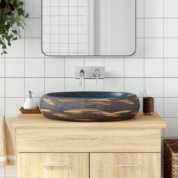 Berkfield Home Countertop Basin Brown & Blue Oval 59x40x15 cm Ceramic - Size: 59 x 40 x 15 cm - thumbnail 2