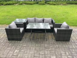 Fimous 5 Seater Wicker Rattan Outdoor Furniture Garden Dining Set with Sofa Oblong Dining Table Armchair Side Table in Dark Grey - thumbnail 2