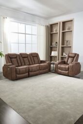 More4Homes Ashton Electric Recliner 1+3 Seater Sofa Set Technology Fabric With Built-In Plugs & Usb-C Charging in Brown - thumbnail 1