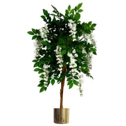 Leaf 130cm Luxury Artificial Wisteria Tree White Flowers Gold Planter in Green