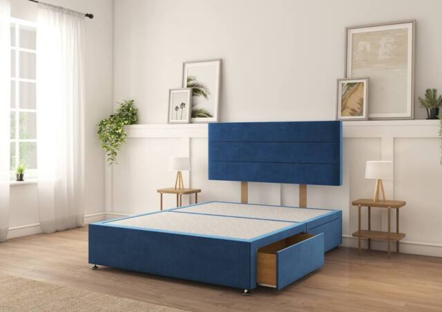 "Sloomy Texas Plush Divan Bed Base 2 Drawers Same Side With 26"" Strutted Headboard in Navy - Size: Small Single" - image 1