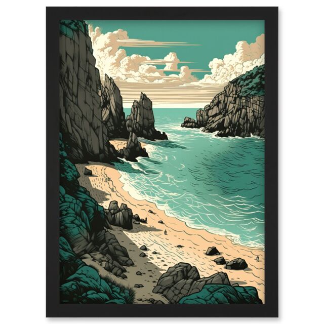 Artery8 Porthcurno Beach Coastal Landscape Illustration Artwork Framed Wall Art Print A4 in Black - image 1
