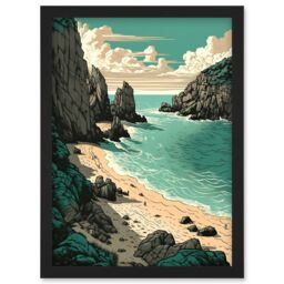 Artery8 Porthcurno Beach Coastal Landscape Illustration Artwork Framed Wall Art Print A4 in Black - thumbnail 1
