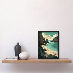 Artery8 Porthcurno Beach Coastal Landscape Illustration Artwork Framed Wall Art Print A4 in Black - thumbnail 2