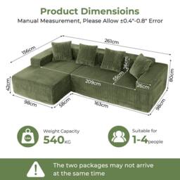 Dprodo 261CM Modular Left L-Shaped Sectional Sofa, 4 Seater Corner Sofa in Green - thumbnail 3