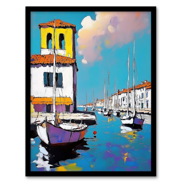 Artery8 Portofino Italy Harbour Sailboats Marina Painting Framed Art Print in Blue - Size: A4 - image 1