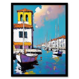 Artery8 Portofino Italy Harbour Sailboats Marina Painting Framed Art Print in Blue - Size: A4 - thumbnail 1