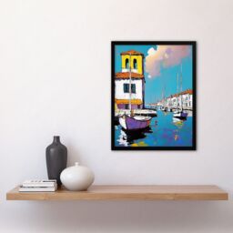 Artery8 Portofino Italy Harbour Sailboats Marina Painting Framed Art Print in Blue - Size: A4 - thumbnail 4