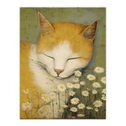 Artery8 Sleeping w/ The Daisies Artwork By Gillian Keenan Cat Sleeping In Wildflower Meadow Pastel Colour Oil Painting Unframed Wall Art Print Poster - thumbnail 1