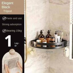 VOGREX 1Pack Self Adhesive Corner Shower Storage Caddy in Black - thumbnail 3