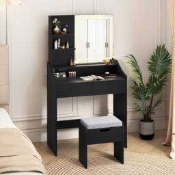 Costway Wooden Vanity Desk Set w/ Mirror & Lights Makeup Table w/Storage Stool in Black - thumbnail 3