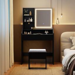 Costway Wooden Vanity Desk Set w/ Mirror & Lights Makeup Table w/Storage Stool in Black - thumbnail 6