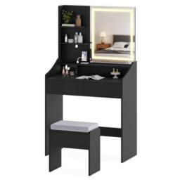 Costway Wooden Vanity Desk Set w/ Mirror & Lights Makeup Table w/Storage Stool in Black - thumbnail 1