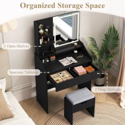 Costway Wooden Vanity Desk Set w/ Mirror & Lights Makeup Table w/Storage Stool in Black - thumbnail 8