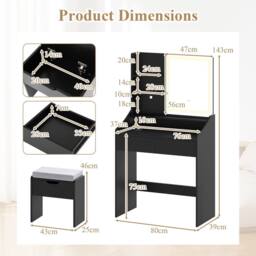 Costway Wooden Vanity Desk Set w/ Mirror & Lights Makeup Table w/Storage Stool in Black - thumbnail 2
