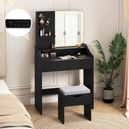 Costway Wooden Vanity Desk Set w/ Mirror & Lights Makeup Table w/Storage Stool in Black - thumbnail 4