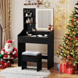 Costway Wooden Vanity Desk Set w/ Mirror & Lights Makeup Table w/Storage Stool in Black - thumbnail 7
