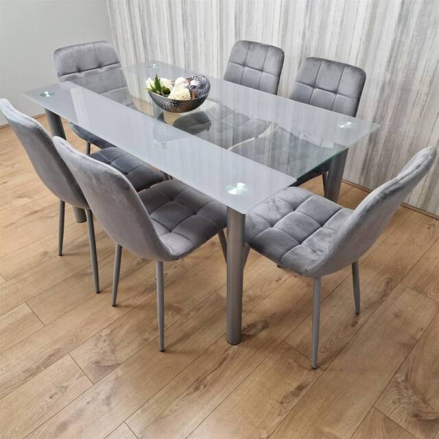 KOSY KOALA Grey Glass Dining Table With 6 Grey Velvet Chair Dining Room Furniture - image 1