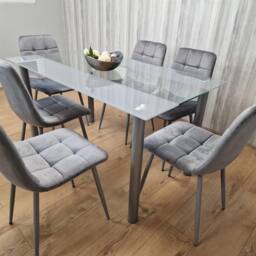 KOSY KOALA Grey Glass Dining Table With 6 Grey Velvet Chair Dining Room Furniture - thumbnail 9