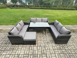 Fimous Patio Rattan Garden Furniture Set with Oblong Rectangular Dining Table Big Footstool 10 Seater Outdoor Lounge Sofa Set Dark Grey Mixed - thumbnail 1