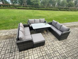 Fimous Patio Rattan Garden Furniture Set with Oblong Rectangular Dining Table Big Footstool 10 Seater Outdoor Lounge Sofa Set Dark Grey Mixed - thumbnail 2