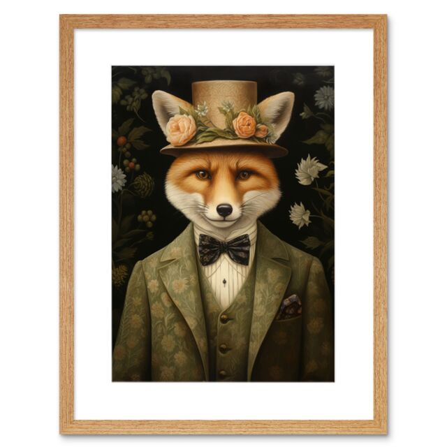Artery8 Wall Art Print Fox in Floral Victorian Suit & Top Hat Surrealism Artwork Green Orange Woodland Gentleman Artwork Framed 9X7 Inch - image 1