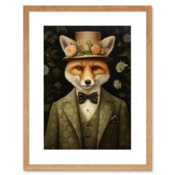 Artery8 Wall Art Print Fox in Floral Victorian Suit & Top Hat Surrealism Artwork Green Orange Woodland Gentleman Artwork Framed 9X7 Inch - thumbnail 1