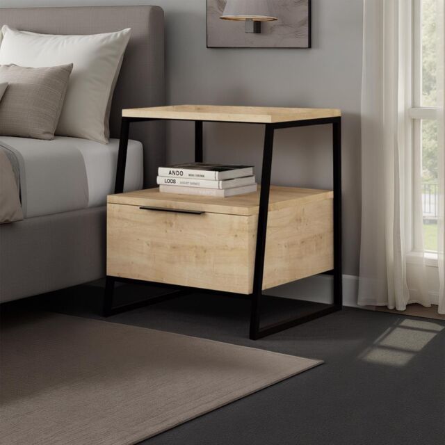 FWStyle Oak 1 Door Bedside Table Nightstand Black Metal in Brown - image 1
