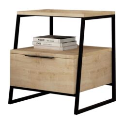 FWStyle Oak 1 Door Bedside Table Nightstand Black Metal in Brown - thumbnail 2