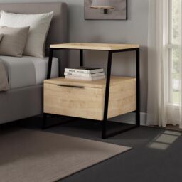 FWStyle Oak 1 Door Bedside Table Nightstand Black Metal in Brown - thumbnail 1