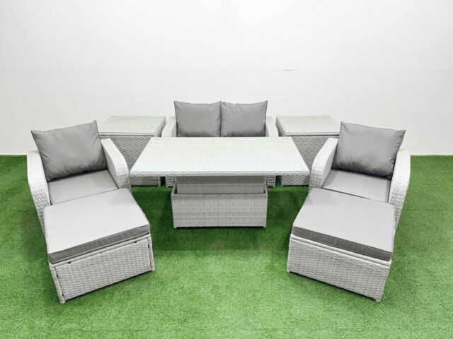Fimous Light Grey PE Wicker Rattan Garden Furniture Set Sofa Set Reclining Chair Adjustable Lifting Dining or Coffee Table 6 Seater 2 Big Stools 2 - image 1