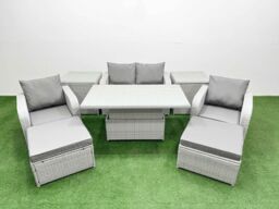 Fimous Light Grey PE Wicker Rattan Garden Furniture Set Sofa Set Reclining Chair Adjustable Lifting Dining or Coffee Table 6 Seater 2 Big Stools 2 - thumbnail 1