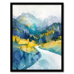 Artery8 Yosemite National Park Hiking Trail Watercolour Framed Art Print in Blue - Size: A4 - thumbnail 1