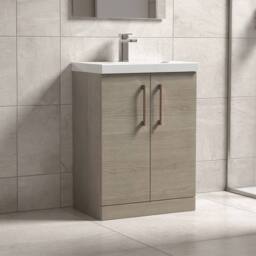 Balterley Contemporary Bathroom Floor 2-Door Vanity Basin, Solace Oak, 600mm in Brown - thumbnail 3