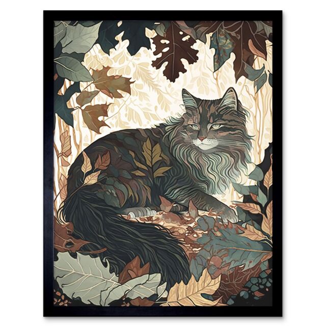 "Artery8 Wall Art Print Norwegian Forest Cat Resting Under Bush Trees Modern Art Framed in Black - Size: W12"" x H16""" - image 1
