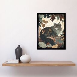 "Artery8 Wall Art Print Norwegian Forest Cat Resting Under Bush Trees Modern Art Framed in Black - Size: W12"" x H16""" - thumbnail 2